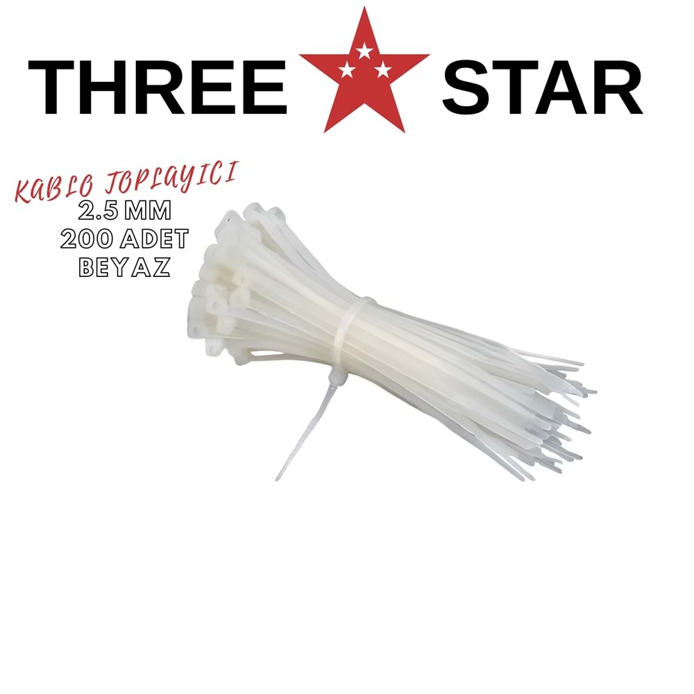 THREE STAR PLASTİK KABLO TOPLAYICI 2.5*200 BEYAZ