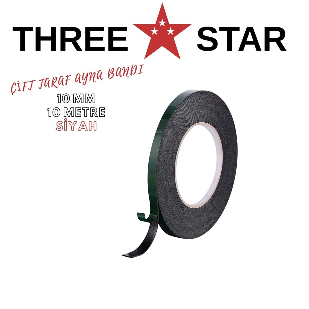THREE STAR ÇİFT TARAF AYNA BANDI 10 MM*10 MT SİYAH