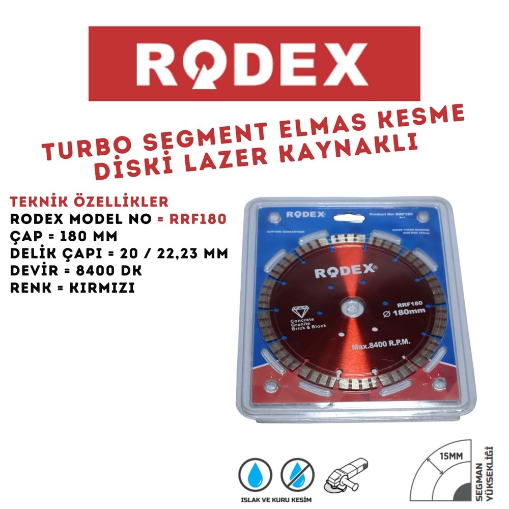 RODEX TURBO SEGMENT ELMAS KESME DİSKİ LAZER KAYNAKLI 180 MM KIRMIZI RRF180
