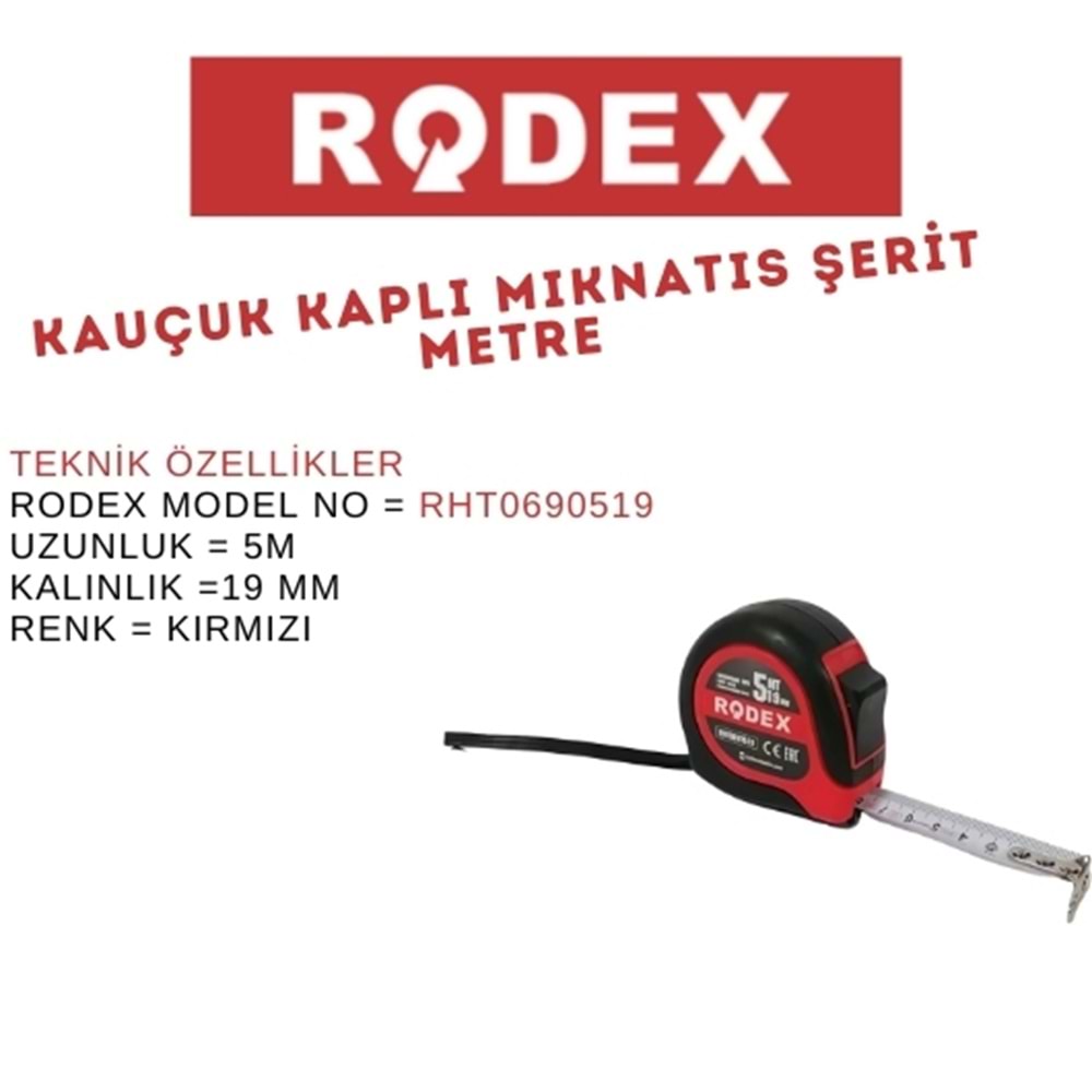 RODEX KAUÇUK KAPLI MIKNATIS ŞERİT METRE 5M*19 MM KIRMIZI RHT0690519