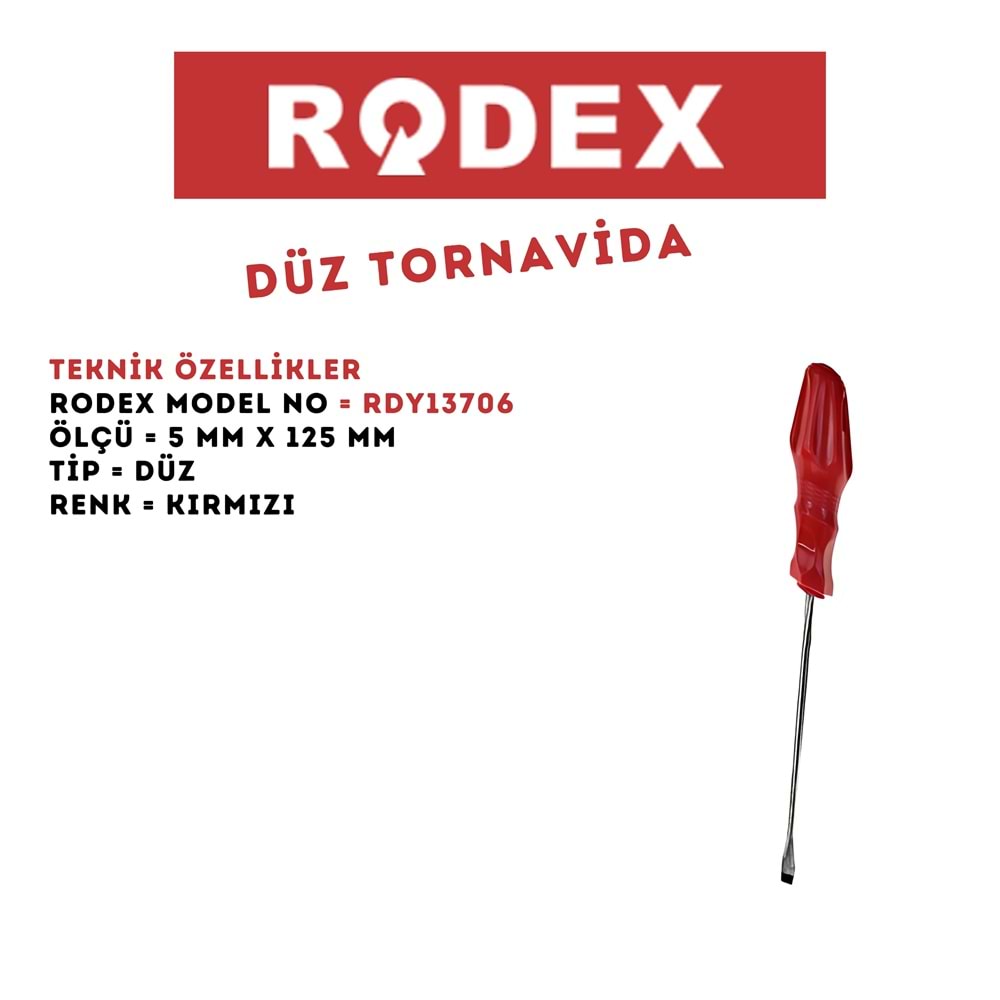RODEX PLASTİK SAP DÜZ TORNAVİDA 5*125 MM KIRMIZI RPD5125