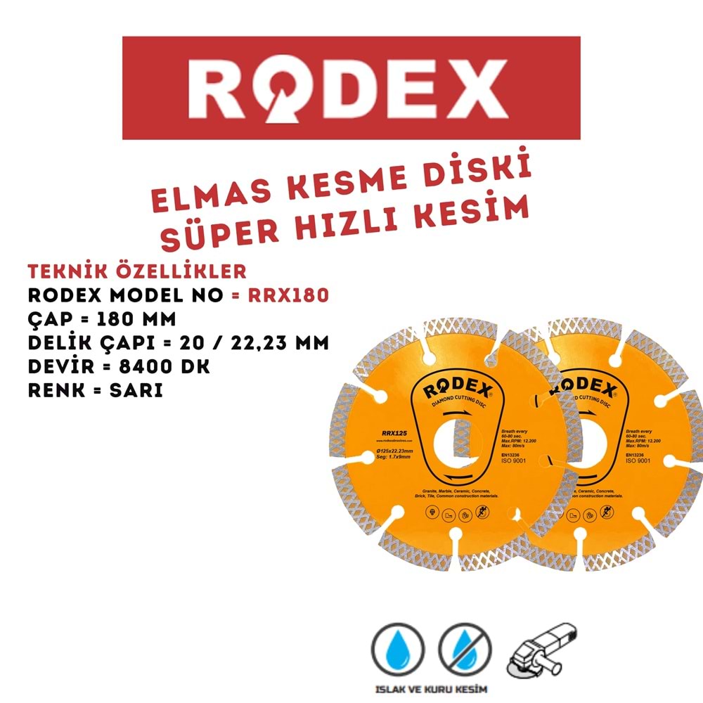 RODEX SÜPER HIZLI KESİM ELMAS KESME DİSKİ 180 MM SARI RRX180