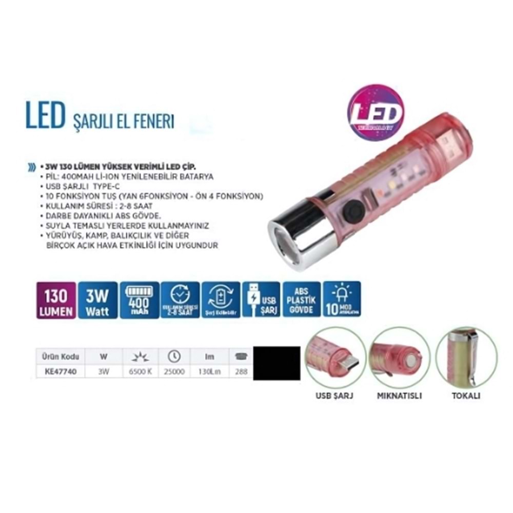 KLAUS ŞARJLI LED EL FENERİ 33W 400MA PEMBE