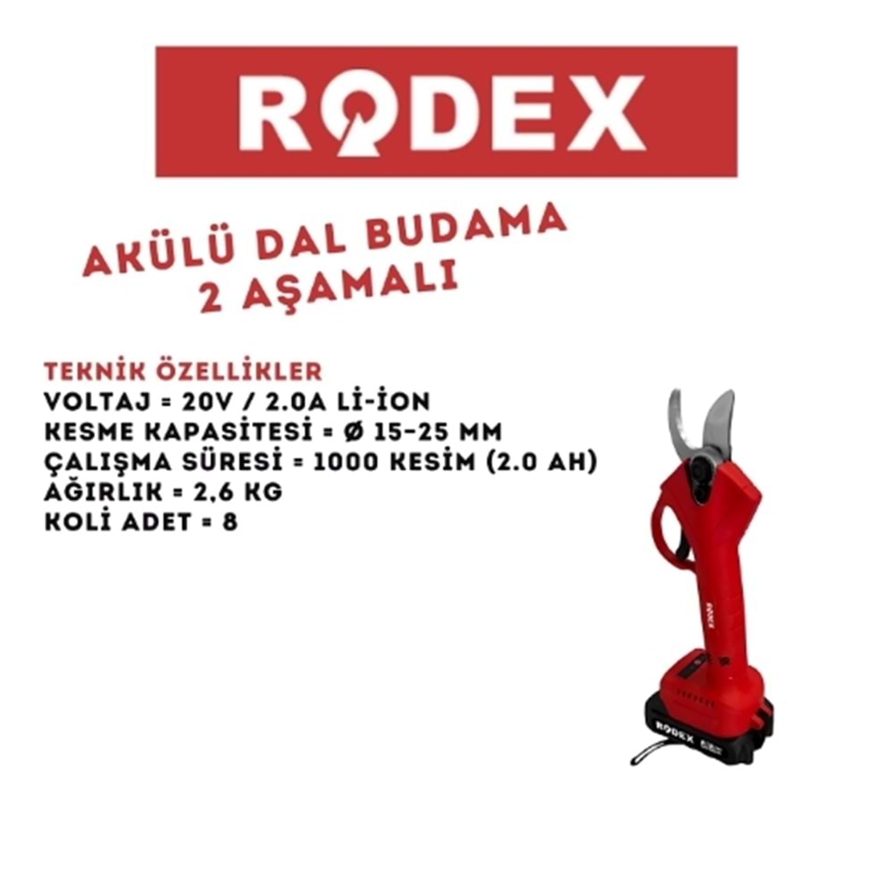 RODEX BMC AKÜLÜ KÖMÜRSÜZ DAL BUDAMA MAKİNESİ 25 MM 20V 2AH RDX9032