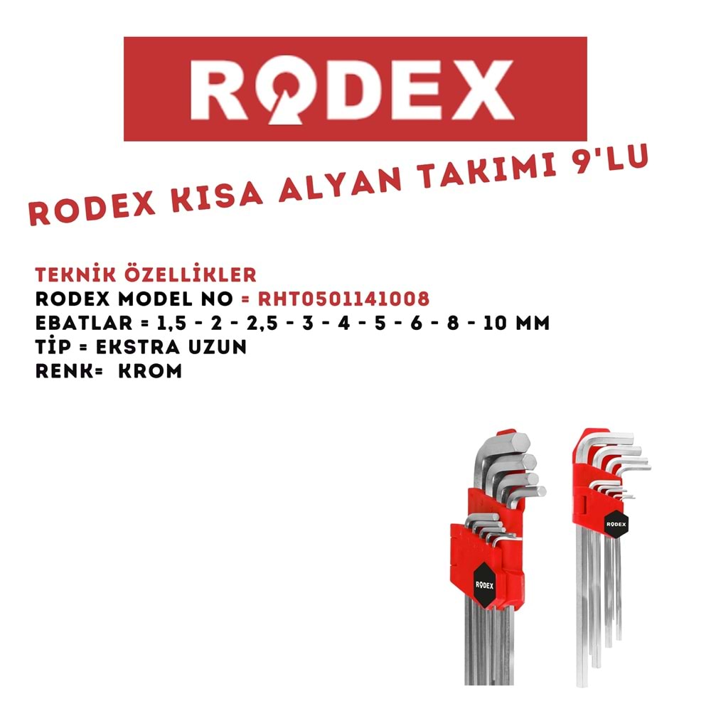 RODEX UZUN TİP ALYAN TAKIMI 9'LU 1.5-10 MM KROM