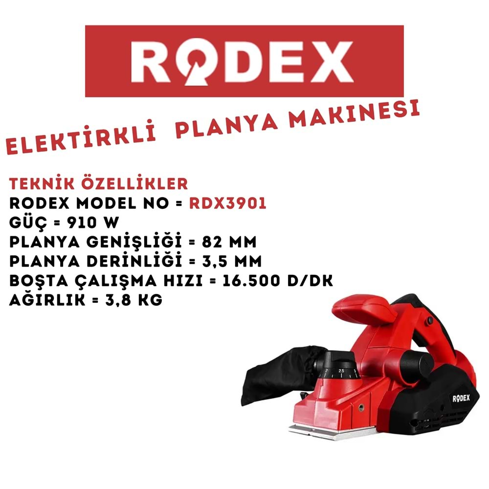 RODEX ELEKTİRKLİ PLANYA MAKİNESİ 82*3.5 MM 910W KIRMIZI RDX3901