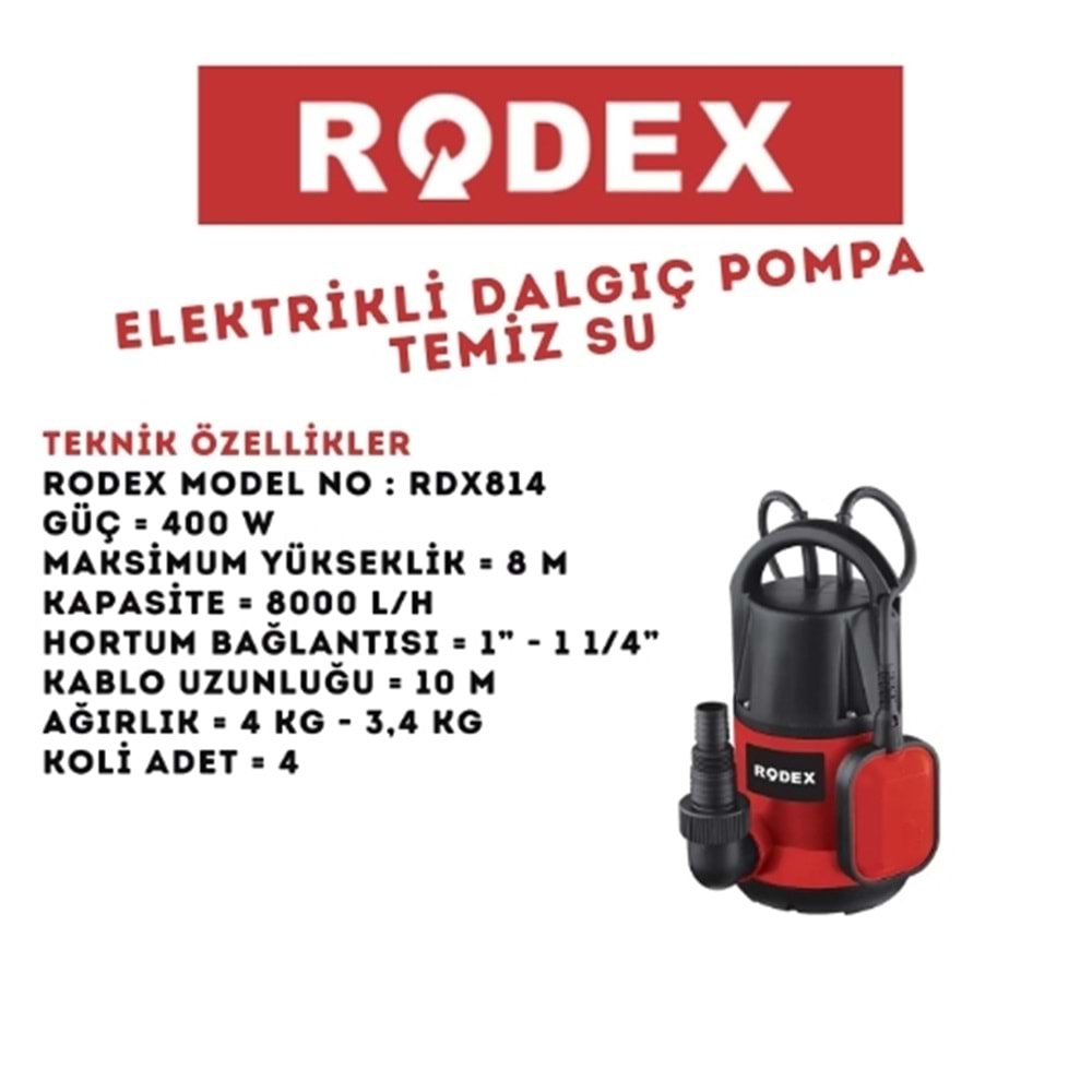 RODEX ELEKTRİKLİ DALGIÇ POMPA TEMİZ SU 220V 400W 8M KIRMIZI RDX814