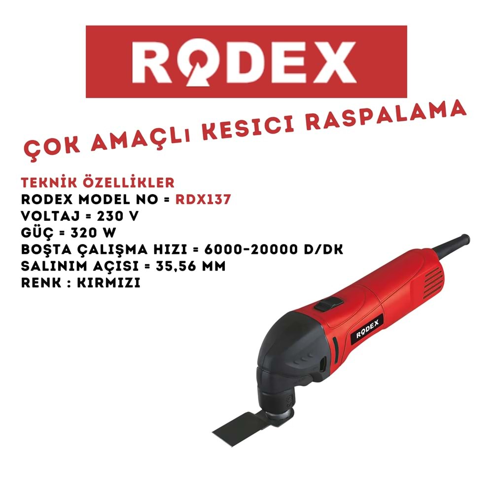 RODEX 5 PARÇA ÇOK AMAÇLI RASPALAMA KESİCİ 320W DEVİR AYARLI KIRMIZI RDX137
