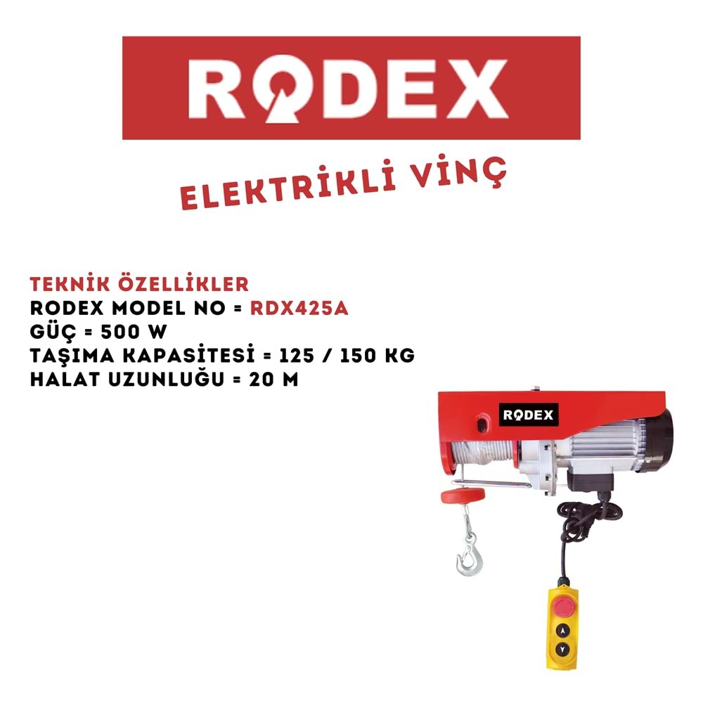 RODEX ELEKTRİKLİ VİNÇ 230V 125/250KG 500WIR RDX425A