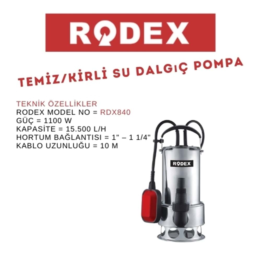 RODEX ÇELİK GÖVDE DALGIÇ POMPA TEMİZ/KİRLİ SU 11M 1100W SİLVER RDX840