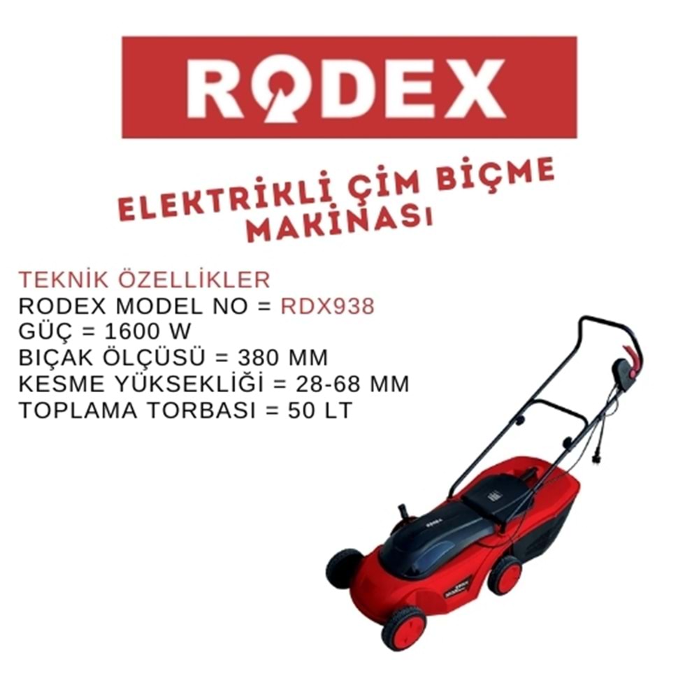 RODEX ELEKTRİKLİ ÇİM BİÇME MAKİNESİ TEKERLEKLİ 380 MM 230V 1600W KIRMIZI RDX938
