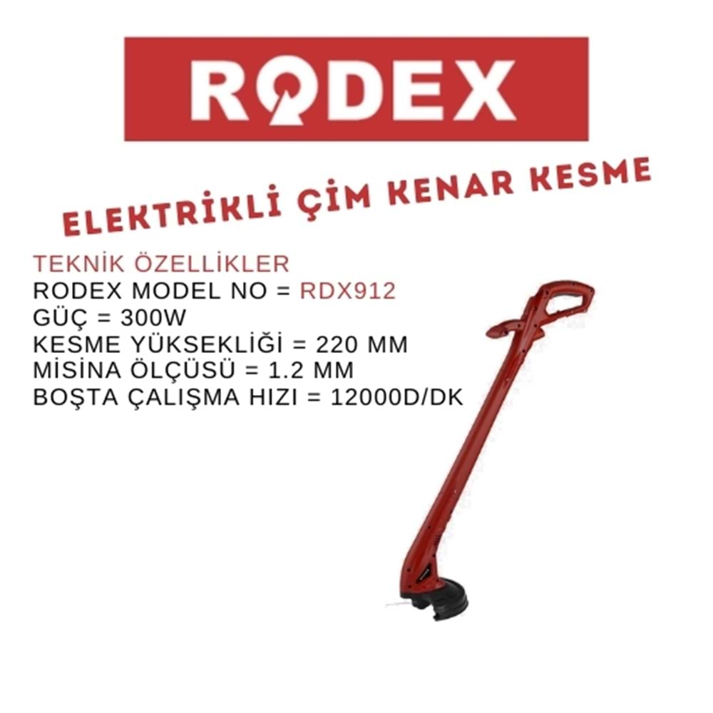 RODEX ELEKTRİKLİ 230V OT BİÇME KENAR KESME MAKİNESİ 220 MM 300W KIRMIZI RDX912