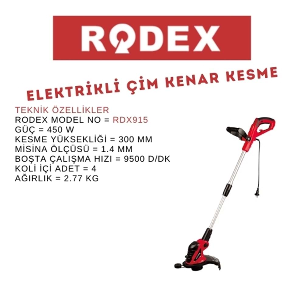 RODEX ELEKTRİKLİ OT BİÇME KENAR KESME MAKİNESİ 300 MM 230V 450W KIRMIZI RDX915