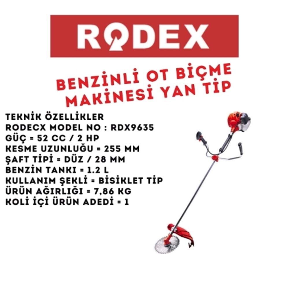 RODEX BENZİNLİ OT BİÇME MAKİNESİ YAN TİP 52 CC 2.8KW KIRMIZI RDX9635
