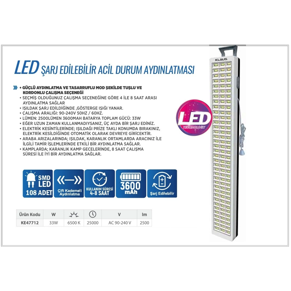 IŞILDAK-LED-ŞARJLI-33W-360MA-KLAUS-BEYAZ