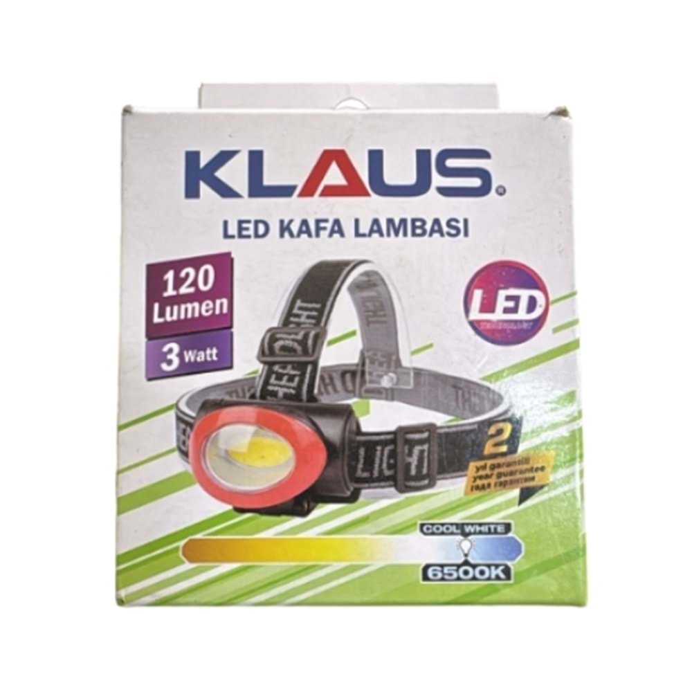KLAUS PİLLİ LED KAFA FENERİ 3W 120 LÜMEN SİYAH