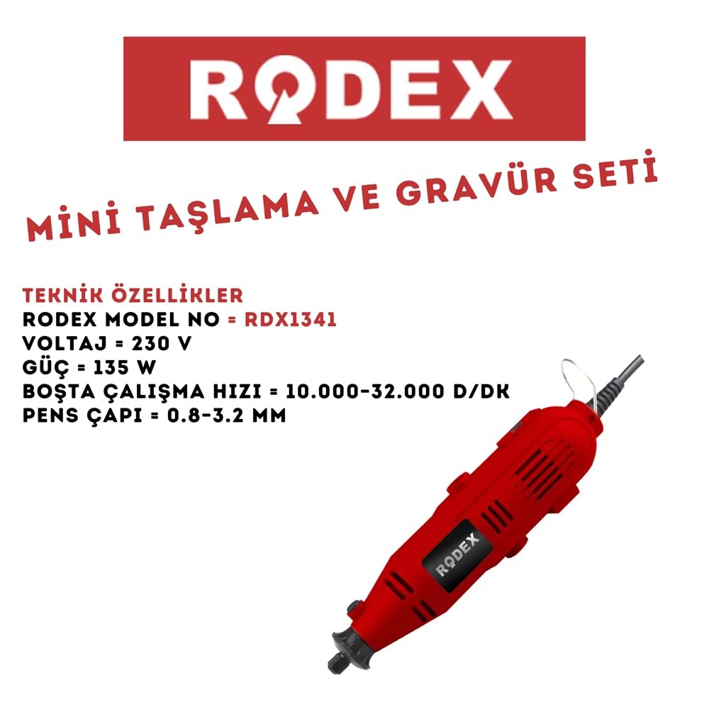 RODEX MİNİ GRAVÜR SET TAŞLAMA MAKİNESİ 135W 10000-32000 RPM KIRMIZI RDX1341