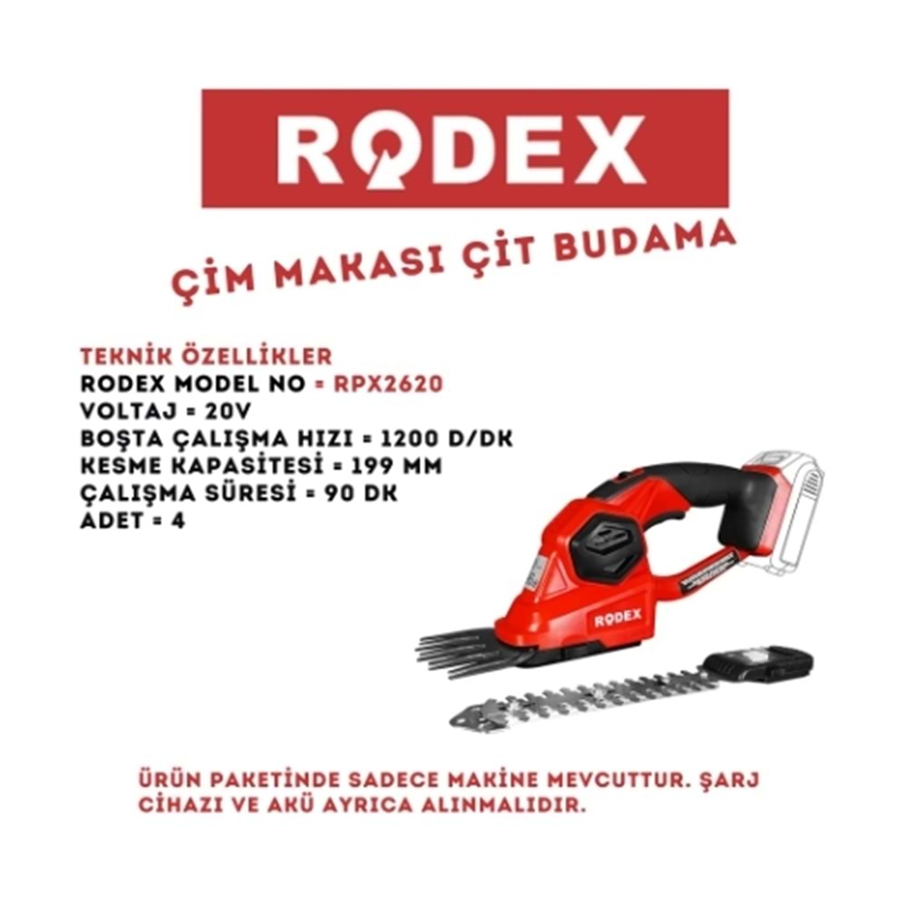 RODEX AKÜLÜ ÇİM MAKASI ÇİT BUDAMA 20V 199 MM 1200 RPM RPX2620