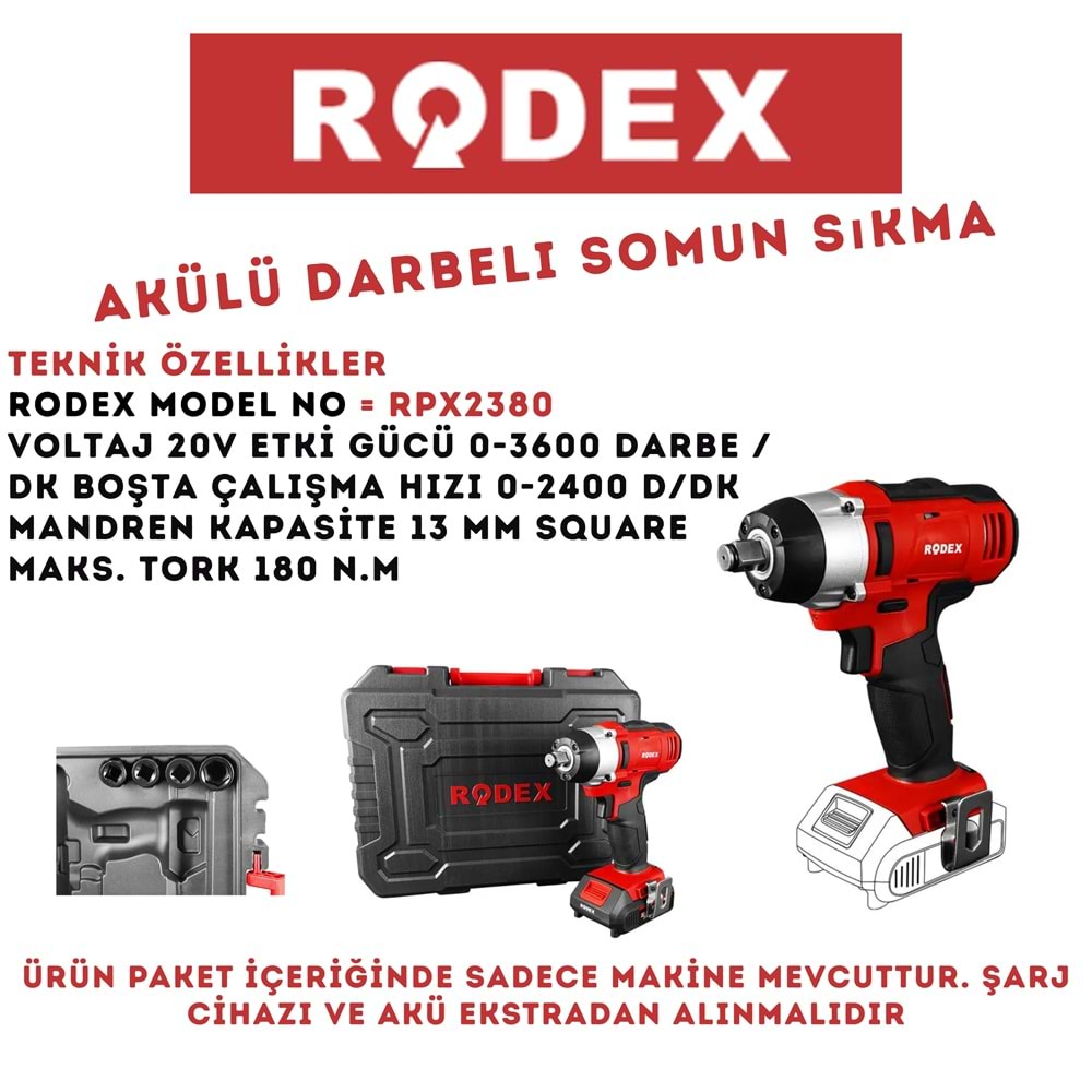 RODEX VİDALAMA AKÜLÜ DARBELİ SOMUN SIKMA 13 MM 0-2400 RPM 180N KIRMIZI RPX2380