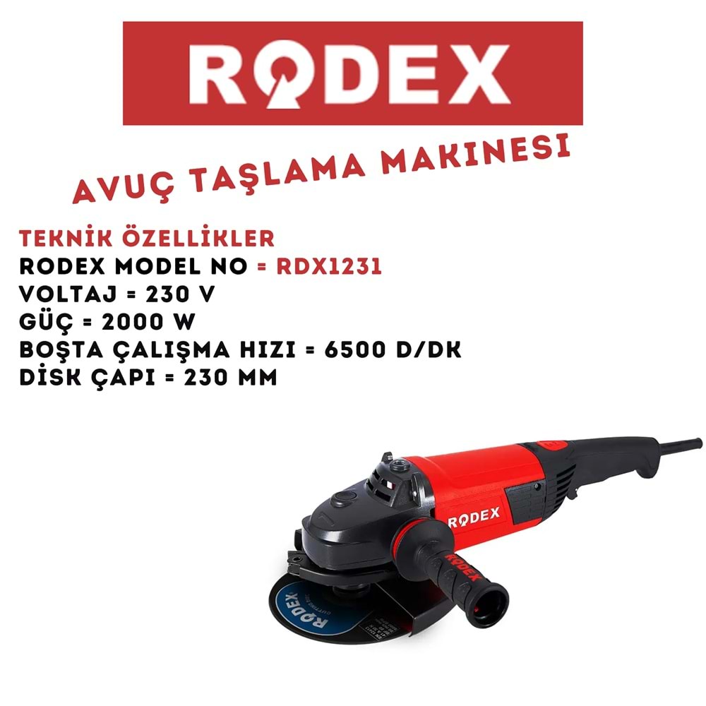 RODEX ANTİ VİB. TAŞLAMA MAKİNESİ BÜYÜK 230 MM 2000W 6500 RPM KIRMIZI RDX1231