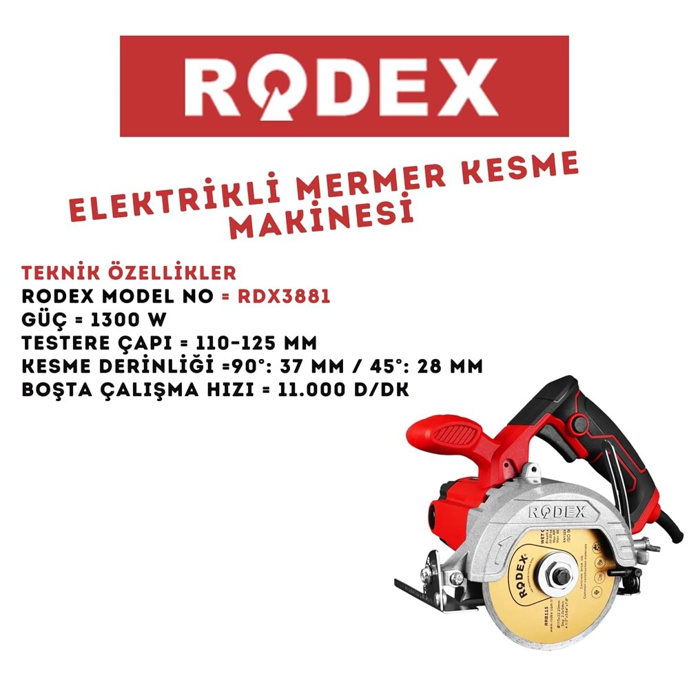 RODEX ELEKTRİKLİ MERMER KESME MAKİNESİ 125 MM 11000RPM 1300W KIRMIZI RDX3881