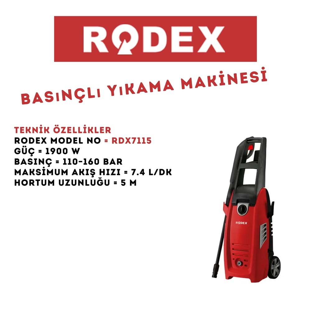 RODEX DETERJANLI YIKAMA MAKİNESİ BASINÇLI 100-140 BAR 1800W KIRMIZI RDX7115