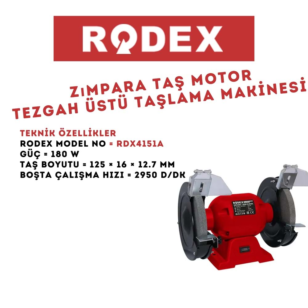 RODEX TEZGAH ÜSTÜ TAŞLAMA MAKİNESİ 150 MM 2950RPM 180W KIRMIZI RDX4151A