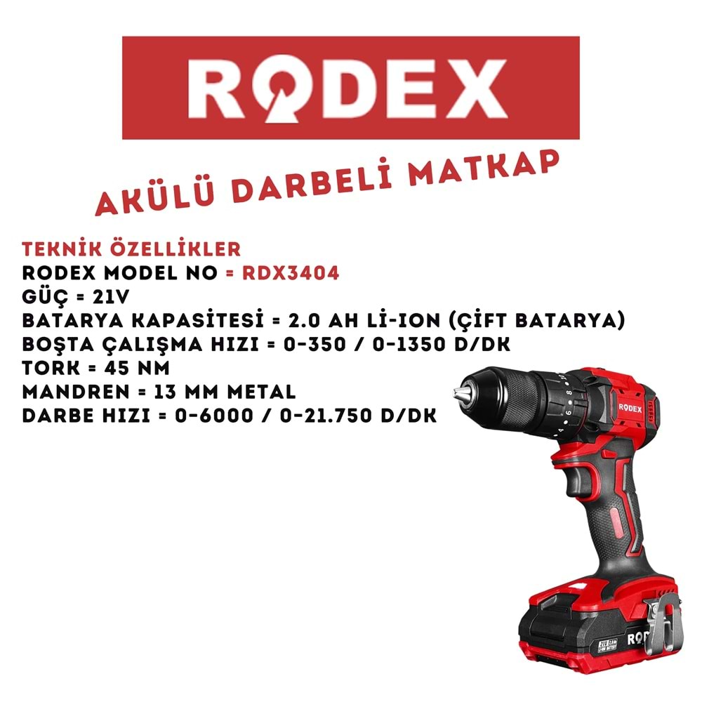 RODEX KIRICI-DELİCİ AKÜLÜ DARBELİ MATKAP 13MM 0-350/0-1350RPM KIRMIZI RDX3404