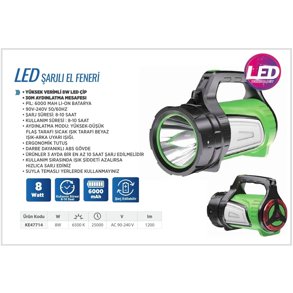 FENER-LED-ŞARJLI-8W-6000 MA-KLAUS-YEŞİL