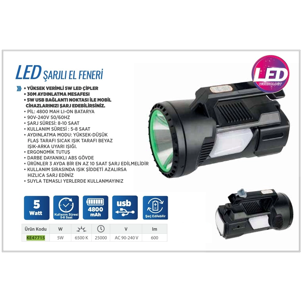 FENER-LED-ŞARJLI-5W-4800MA-KLAUS-YEŞİL