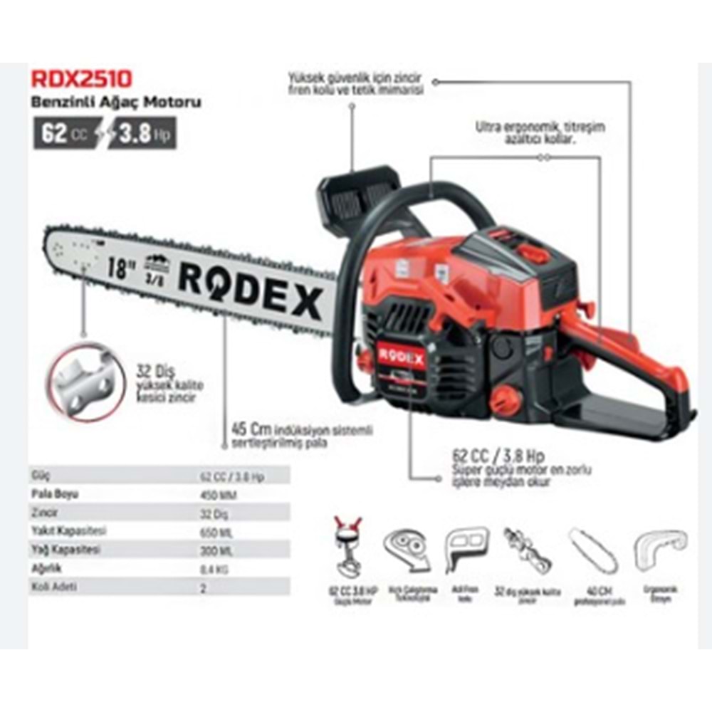 RODEX BENZİNLİ ODUN MOTORU MAKİNESİ 32 DİŞ 62 CC 2.8KW 450 MM KIRMIZI RDX2510