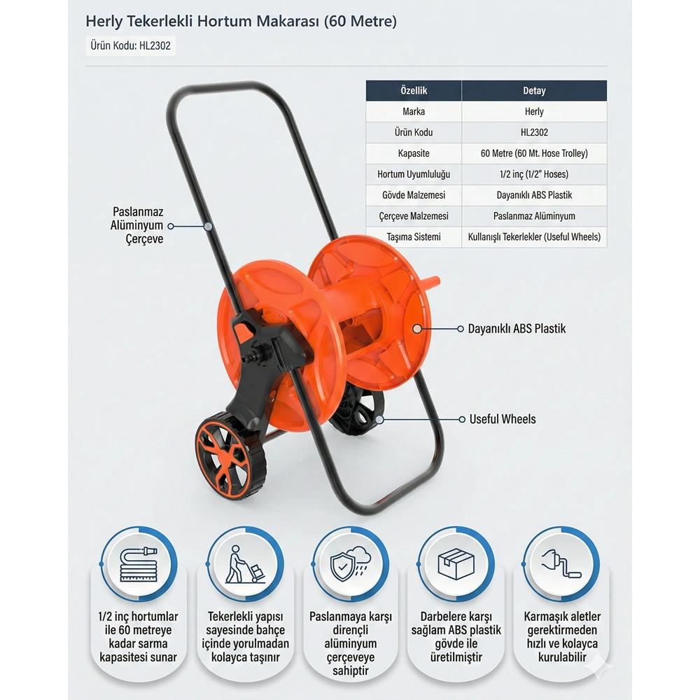 HORTUM MAKARA TEKERLEKLİ-PLASTİK-1/2 '' 60 MT-HERL