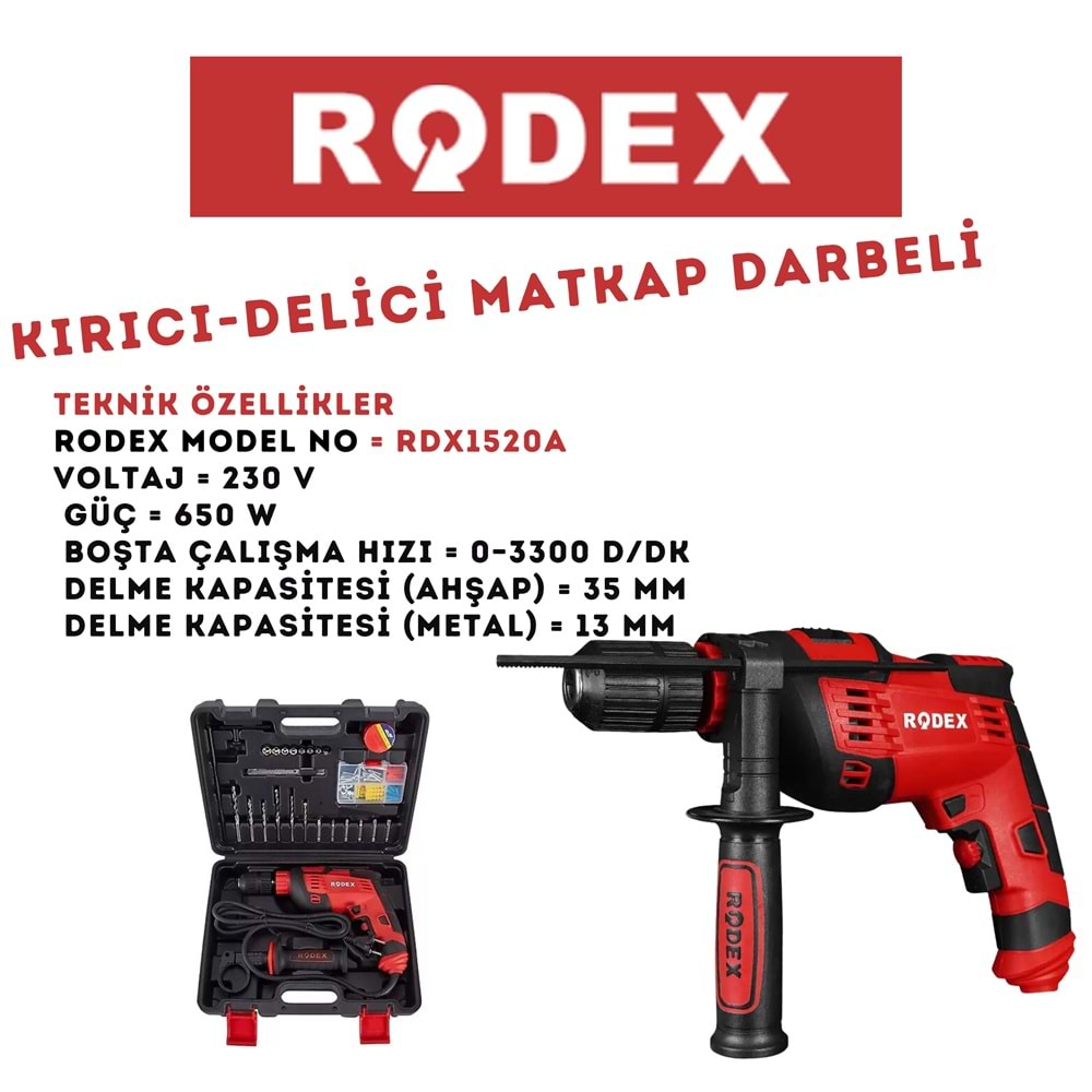 RODEX KIRICI-DELİCİ MATKAP DARBELİ 13 MM 0-3300RPM 650W KIRMIZI RDX1520A