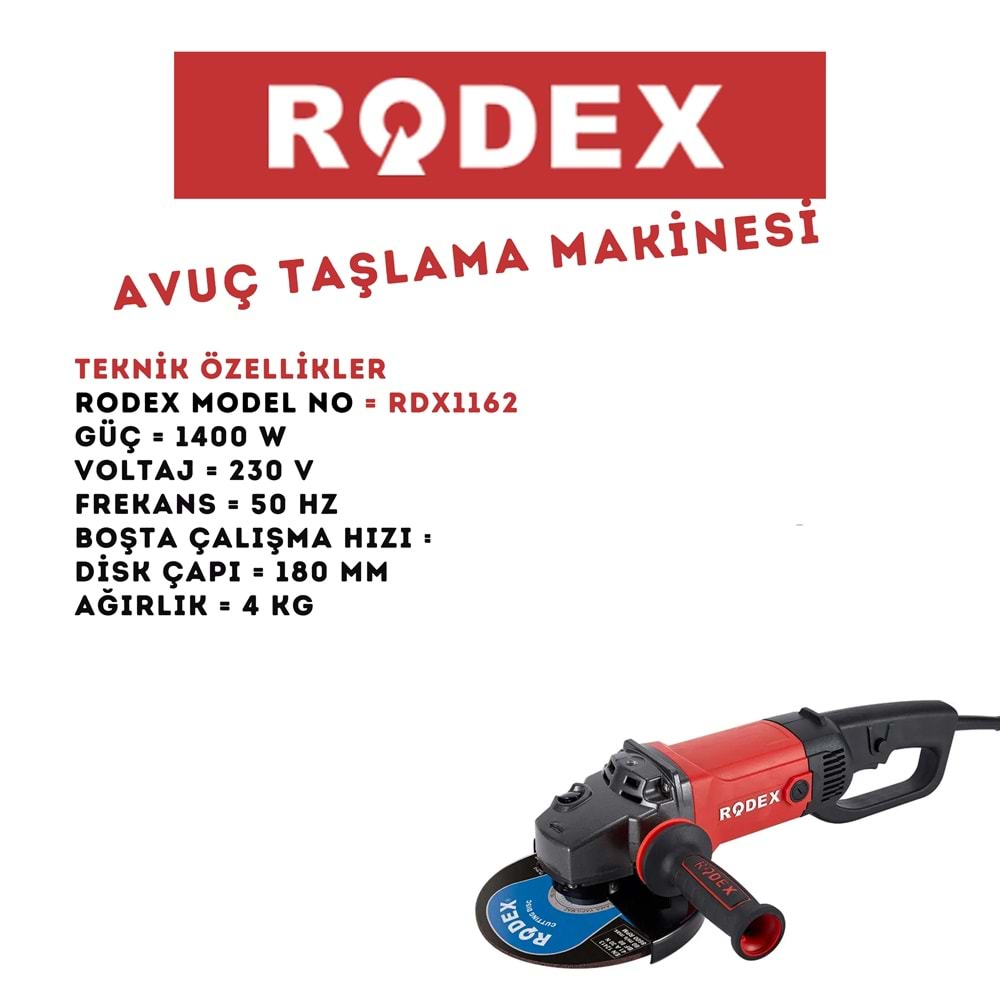 RODEX EL KULL. TAŞLAMA MAKİNESİ BÜYÜK 180 MM 8000 RPM 1400W KIRMIZI RDX1162