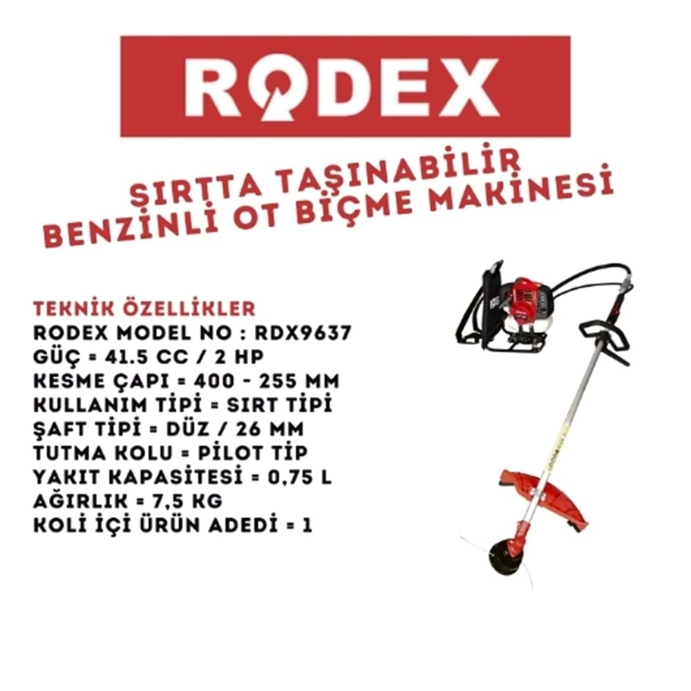RODEX SIRTTA TAŞINABİLİR BENZİNLİ OT BİÇME MAKİNESİ 41.5CC/2HPIR RDX9637