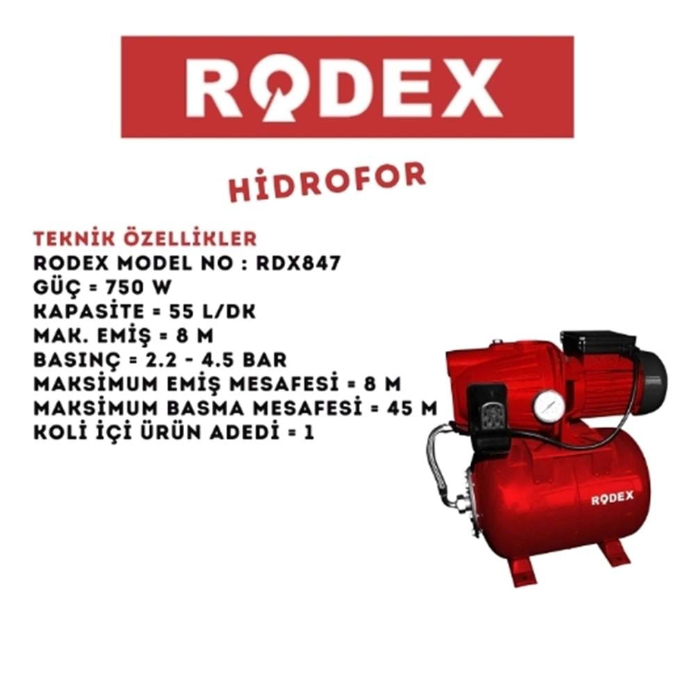 RODEX HİDROFOR 45M 750W 1 HP KIRMIZI RDX847