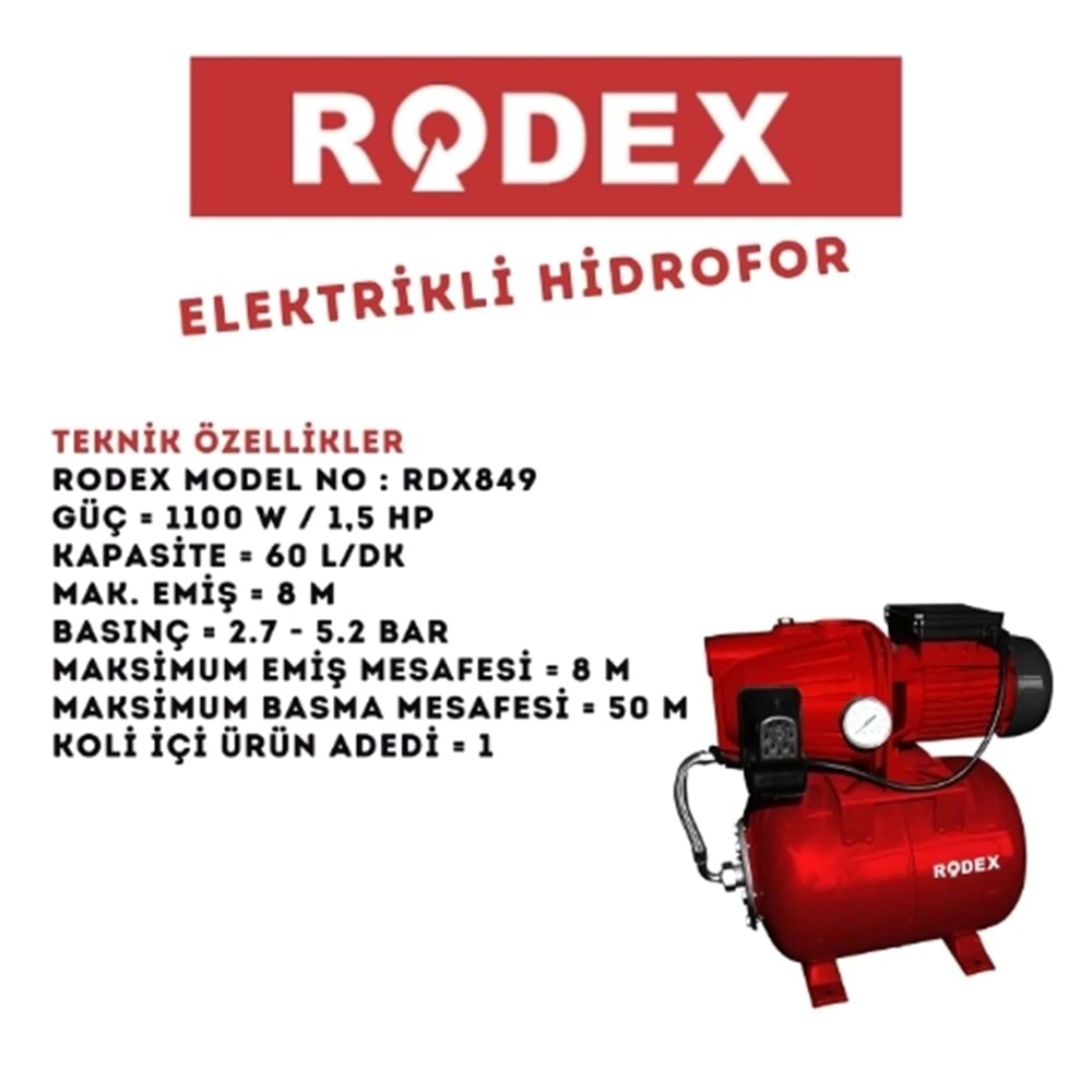 RODEX ELEKTRİKLİ HİDROFOR 50M 1100W 1.5 HP KIRMIZ RDX849