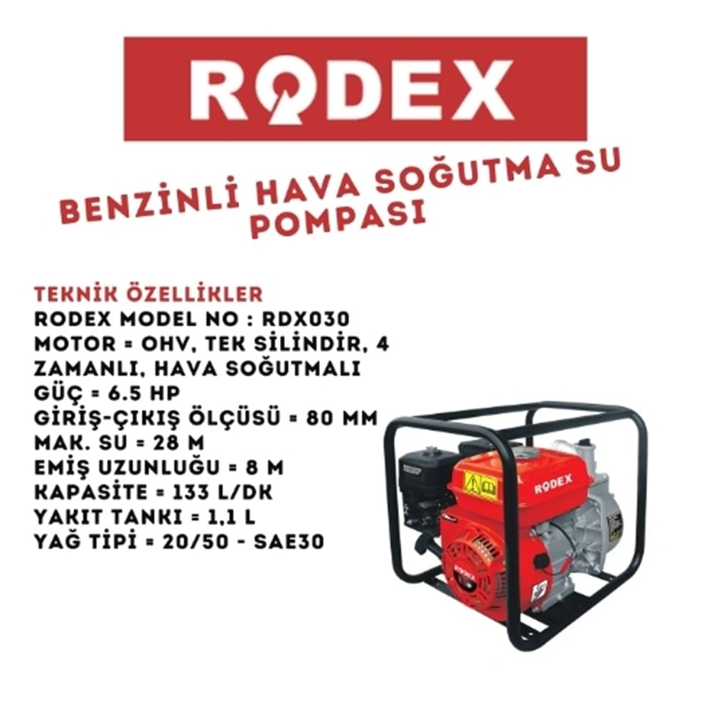 RODEX BENZİNLİ HAVA SOĞUTMA SU POMPASI 6.5 HP RDX030