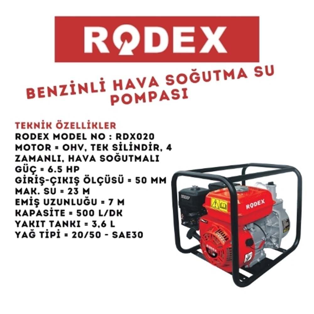 RODEX BENZİNLİ HAVA SOĞUTMA SU POMPASI 6.5 HP 2 İNÇ 23 MM KIRMIZI RDX020