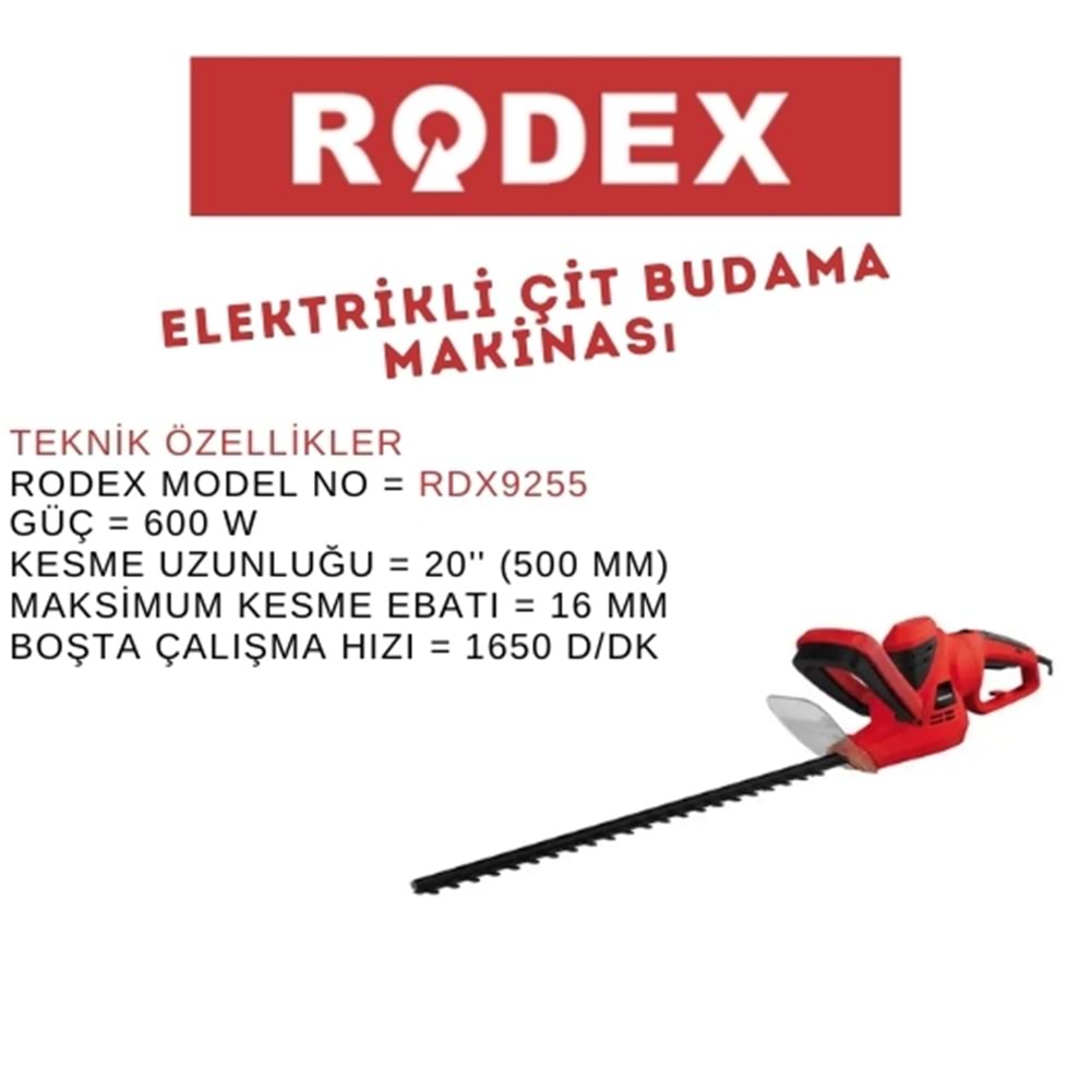 RODEX ELEKTRİKLİ ÇİT BUDAMA MAKİNESİ 500MM 1650RPM 600W RDX9255