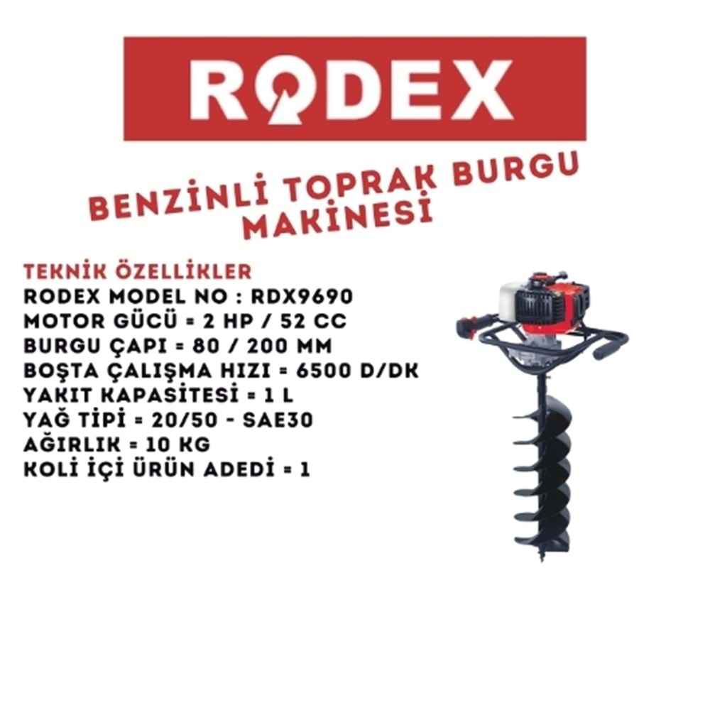 RODEX BENZİNLİ TOPRAK BURGU MAKİNESİ 52 CC 2HP 80*200 MM KIRMIZI RDX9690