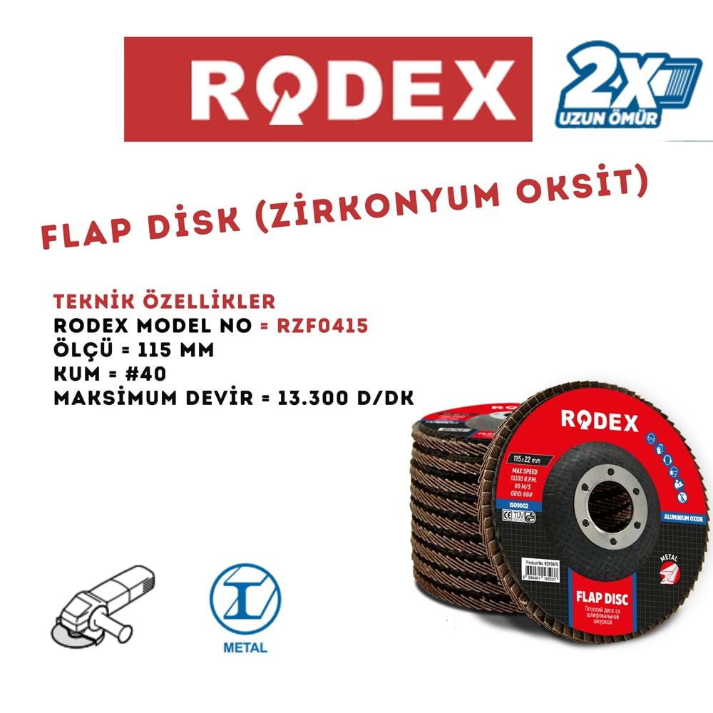 RODEX ALÜMİNYUM KAHVERENGİ FLAP DİSK 115 MM 40# KIRMIZI-SİYAH RZF0415