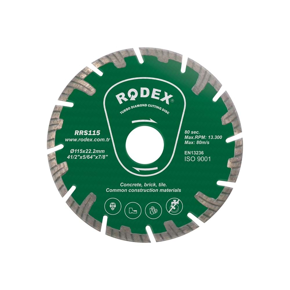RODEX UZUN TİP TURBO ELMAS KESME DİSKİ 115 MM YEŞİL RRS115