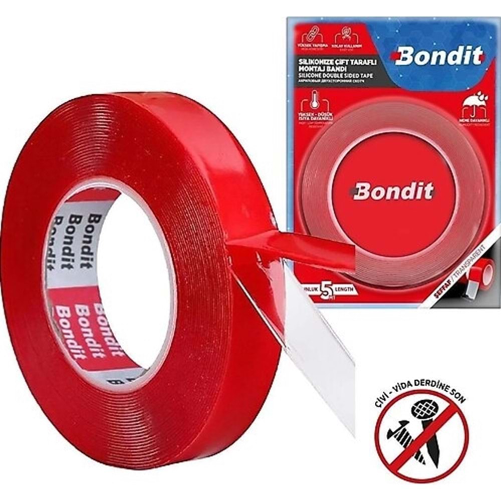 BONDİT ÇİFT TARAFLI AKRİLİK BANT 24 MM*2 MT KIRMIZI