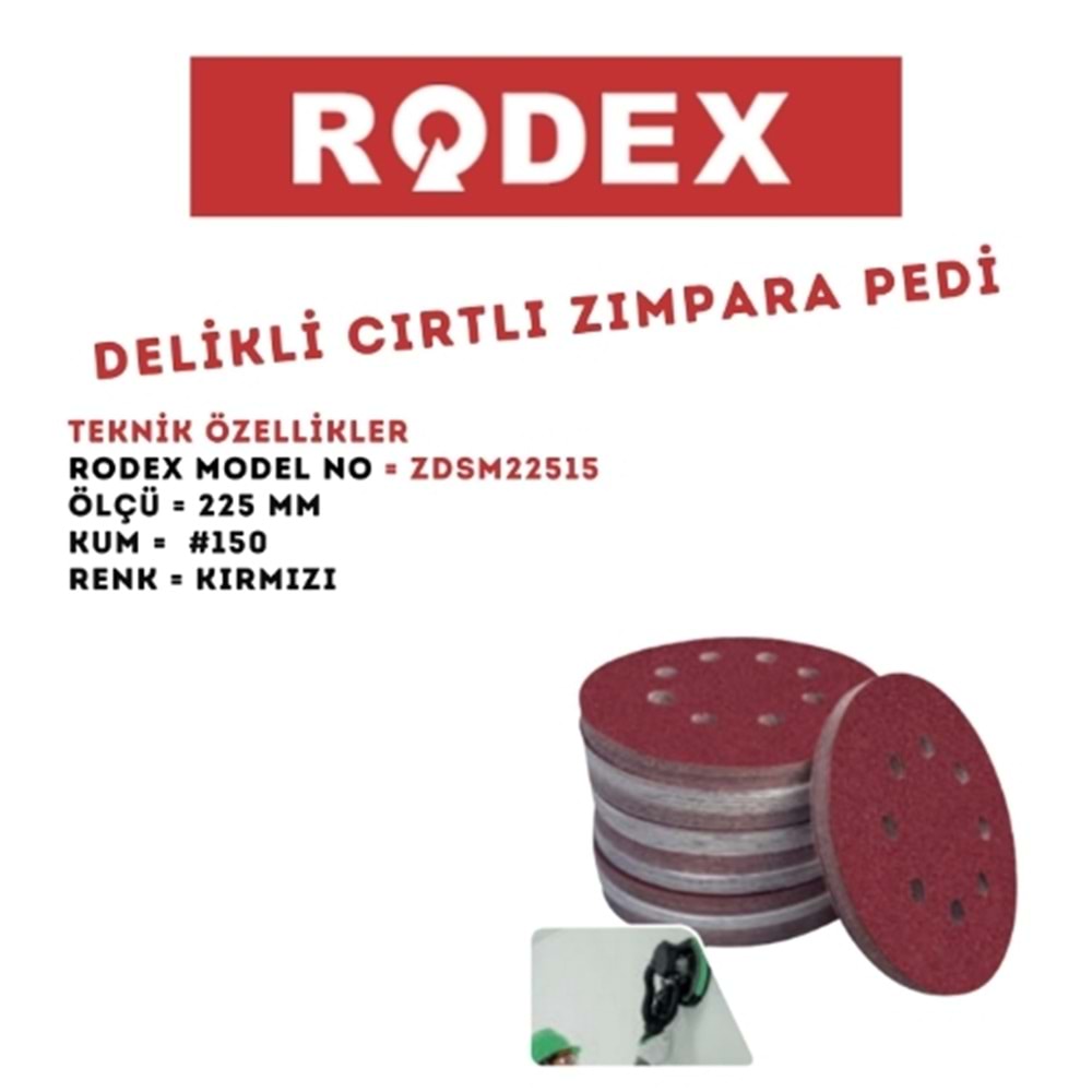 RODEX DELİKLİ CIRTLI ZIMPARA PEDİ 225 MM*150 KUM KIRMIZI ZDSM22515