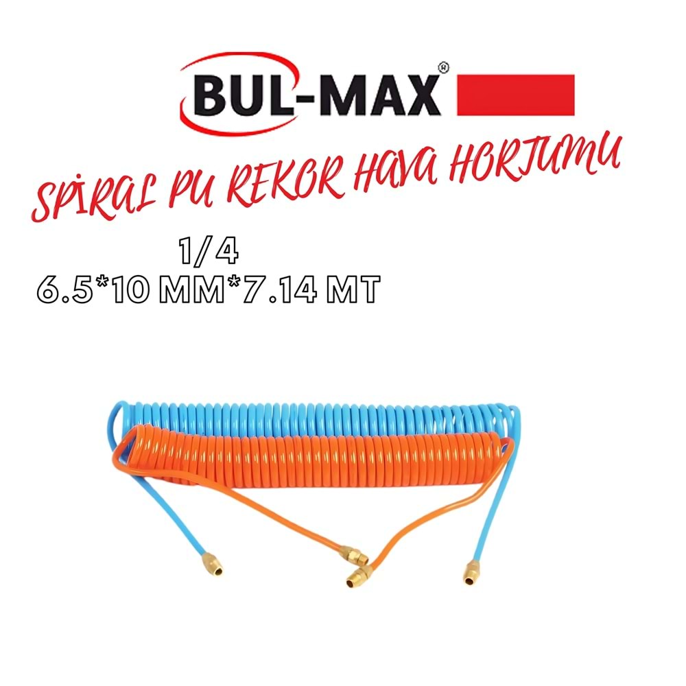 BUL-MAX SPİRAL PU REKOR HAVA HORTUMU 1/4 6.5*10 MM*7.14 MT MAVİ-TURUNCU