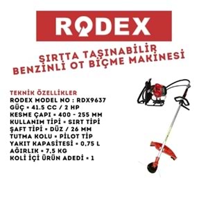 RODEX SIRTTA TAŞINABİLİR BENZİNLİ OT BİÇME MAKİNESİ 41.5CC/2HPIR RDX9637