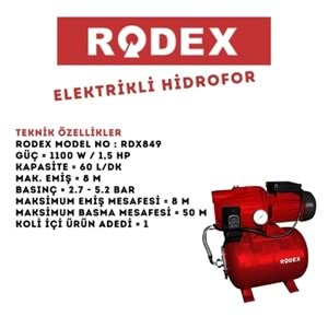 RODEX ELEKTRİKLİ HİDROFOR 50M 1100W 1.5 HP KIRMIZ RDX849