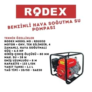 RODEX BENZİNLİ HAVA SOĞUTMA SU POMPASI 6.5 HP RDX030