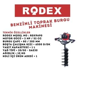 RODEX BENZİNLİ TOPRAK BURGU MAKİNESİ 52 CC 2HP 80*200 MM KIRMIZI RDX9690